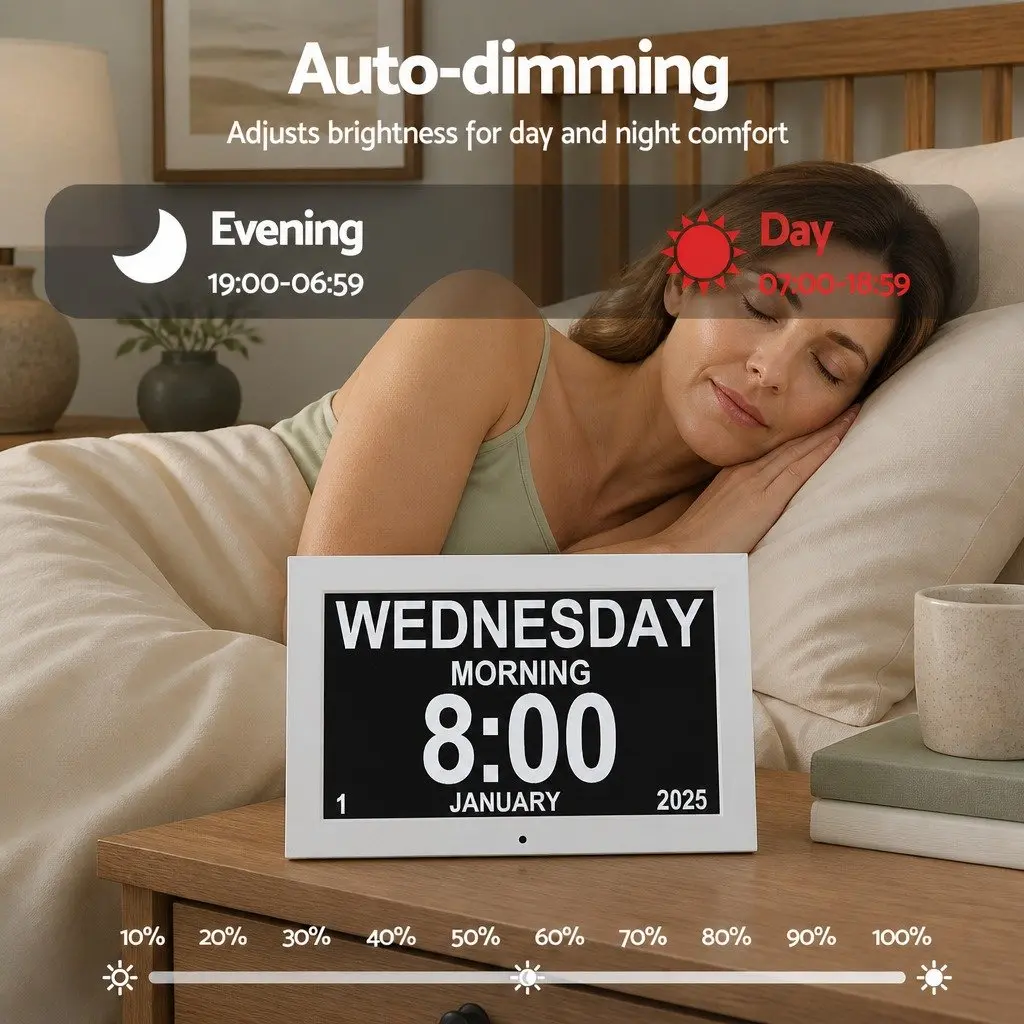 Digital Day Clock Large Display 10 Inch White LCD Alarm Calendar Desk Wall Mount
