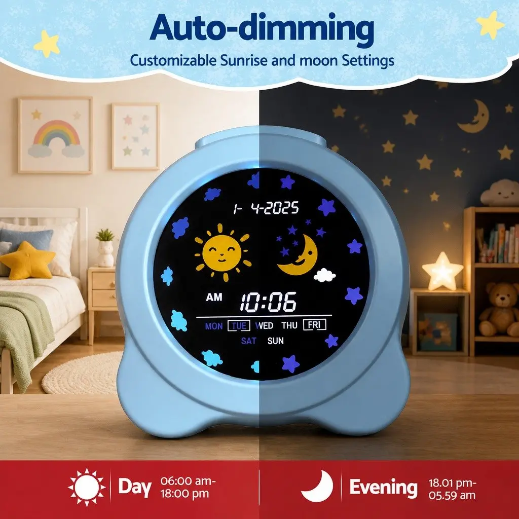 LCD Digital Clock for Kids Sleep Trainer Blue 3.8 Inch Alarm Calendar Display