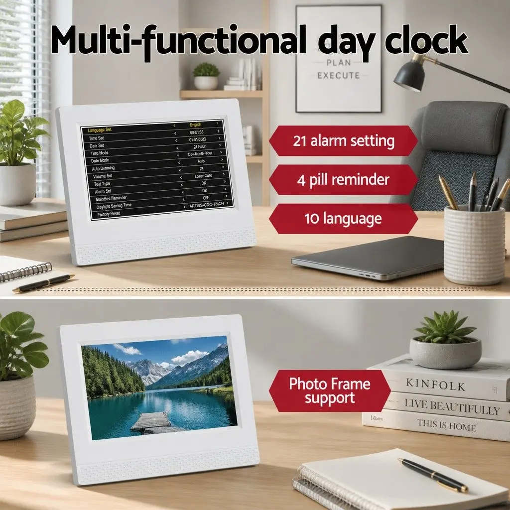 Digital Day Clock Large LCD Display 7 Inch White Desk Clock