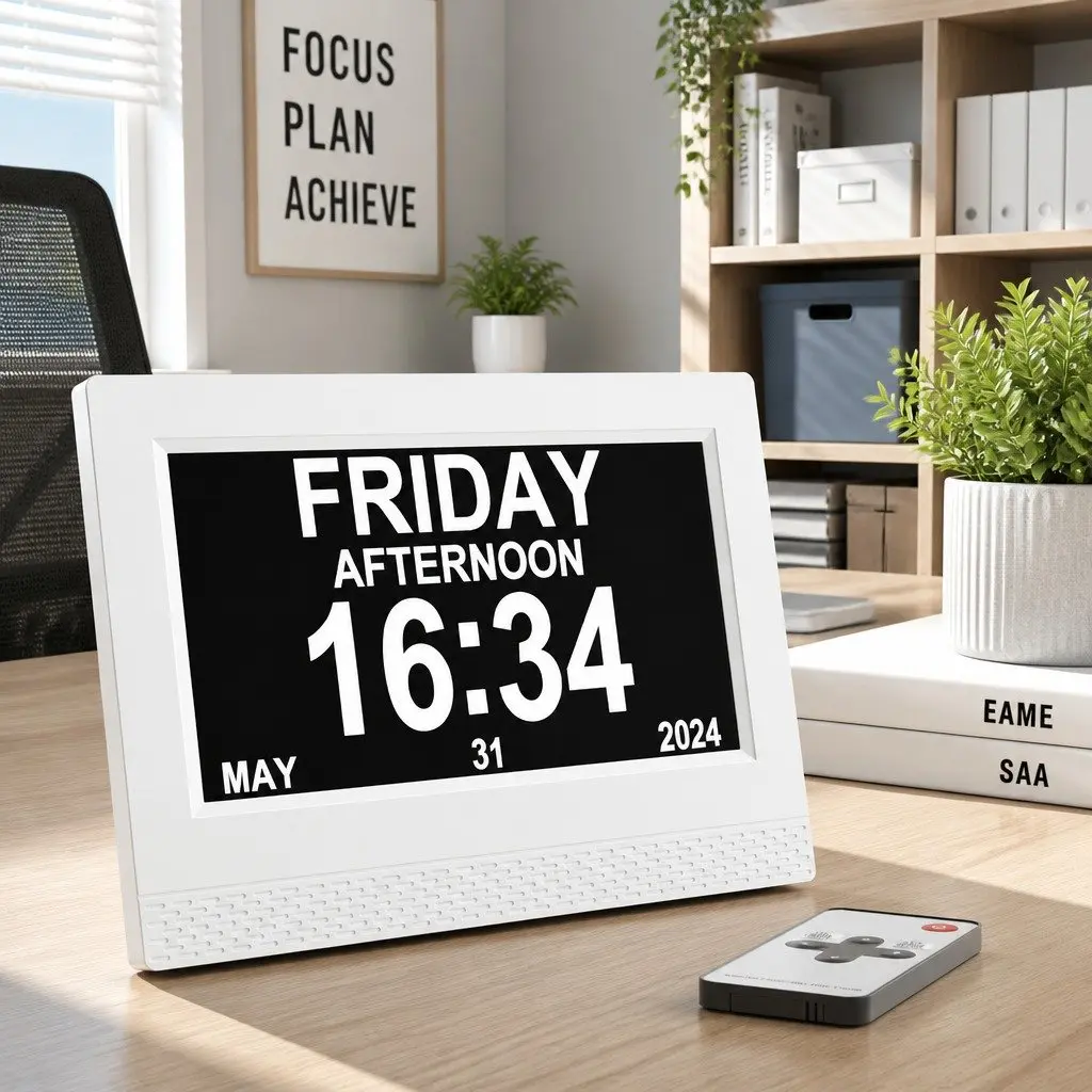 Digital Day Clock Large LCD Display 7 Inch White Desk Clock