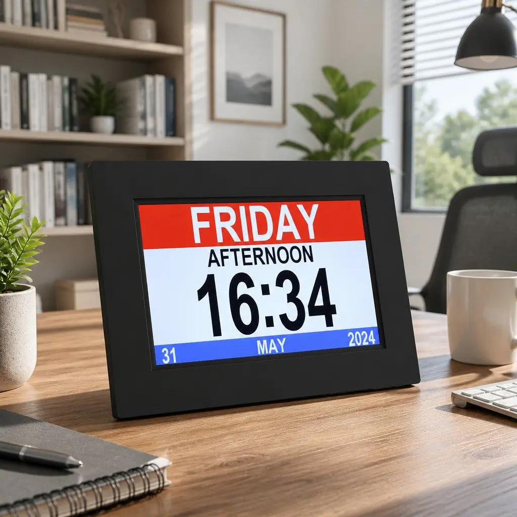 Digital Day Clock Calendar Alarm 8 Inch Large LCD Display Black