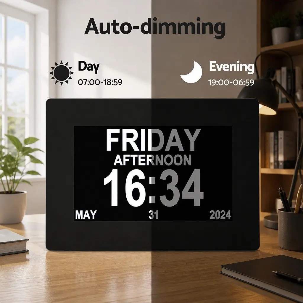 Digital Day Clock Calendar Alarm 8 Inch Large LCD Display Black