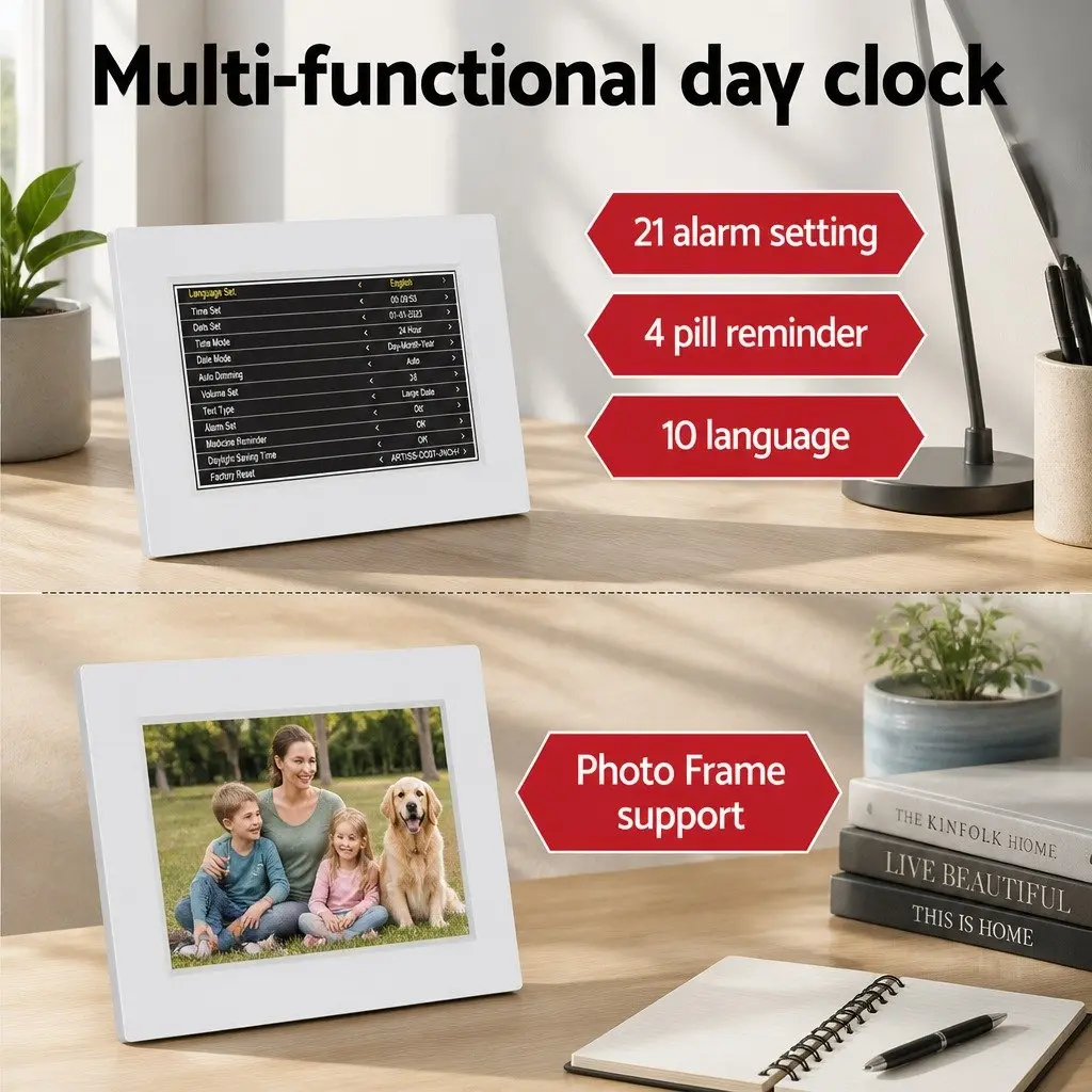 Large Display Digital Clock 8 Inch LCD Alarm Calendar Desk Wall Mount White