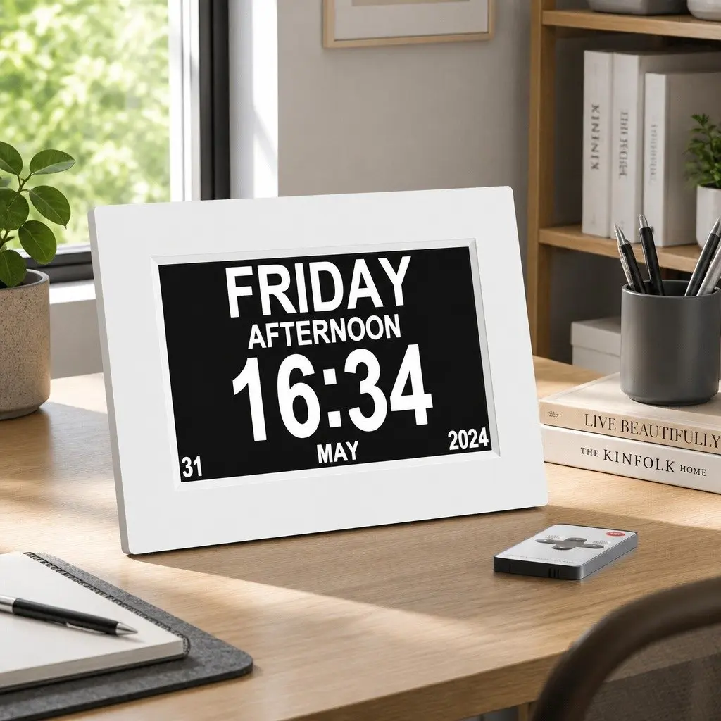 Large Display Digital Clock 8 Inch LCD Alarm Calendar Desk Wall Mount White