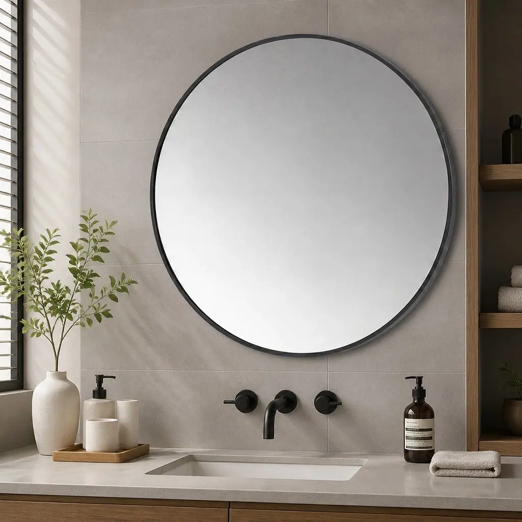 Round Wall Mirror 60cm Bathroom Decorative Black Frame HD Glass Anti-explosion