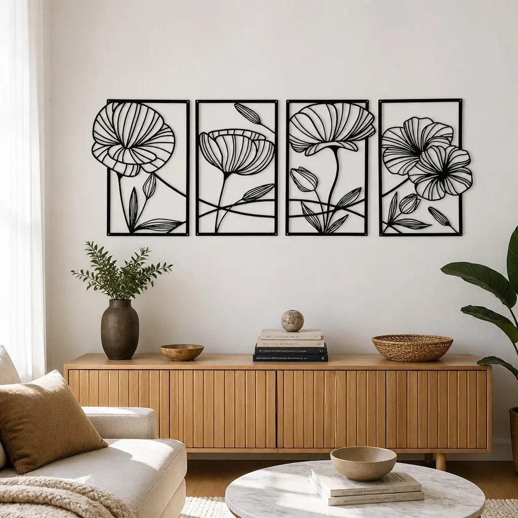 Metal Wall Art Floral Minimalist 4 Piece Black Decor for Home Living Room Bedroom