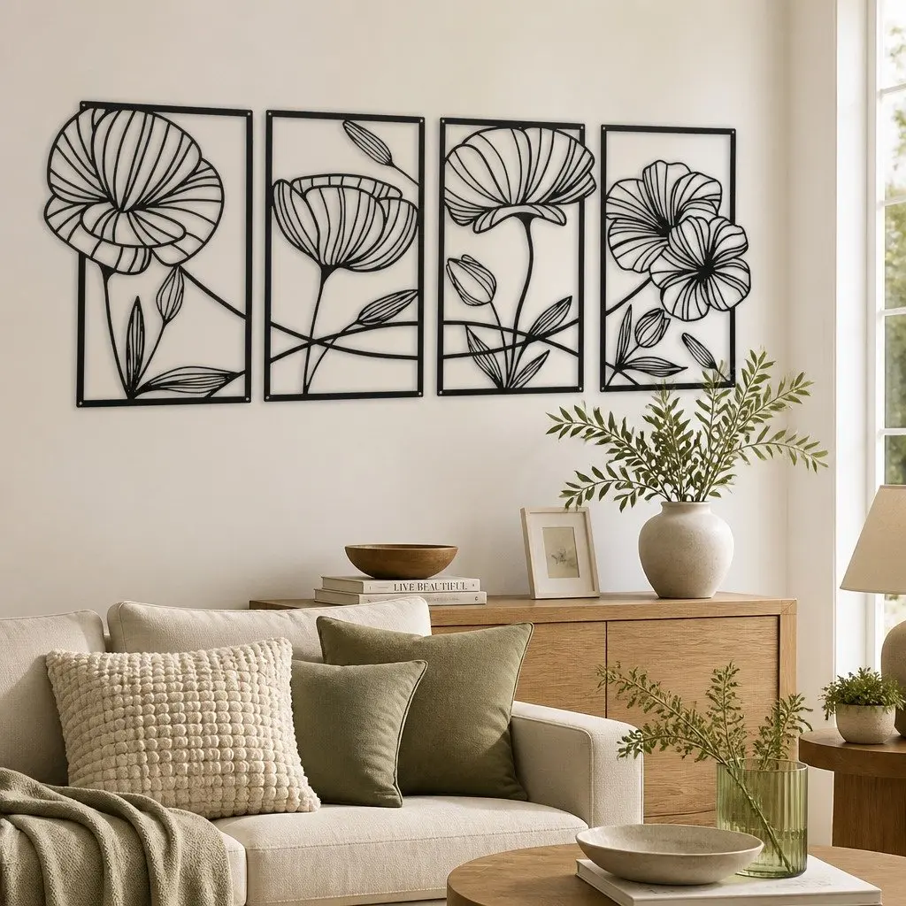 Metal Wall Art Floral Minimalist 4 Piece Black Decor for Home Living Room Bedroom