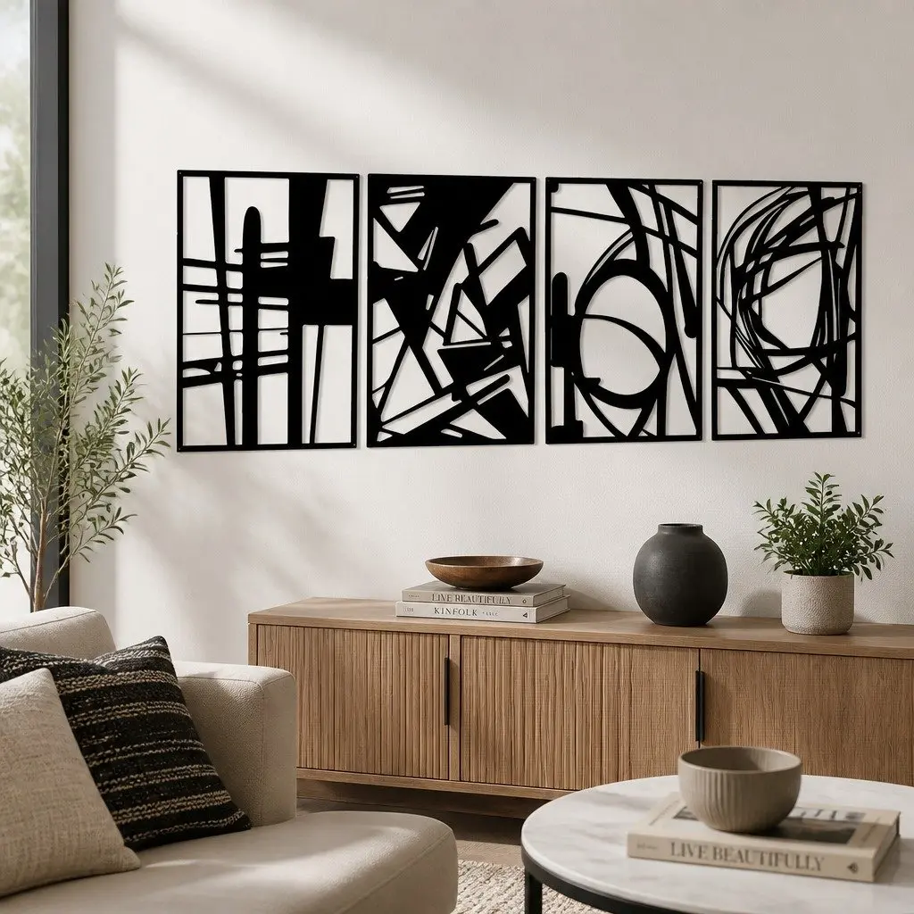 Metal Wall Art 4 Piece Set Abstract Minimalist Line Design Home Decor Black