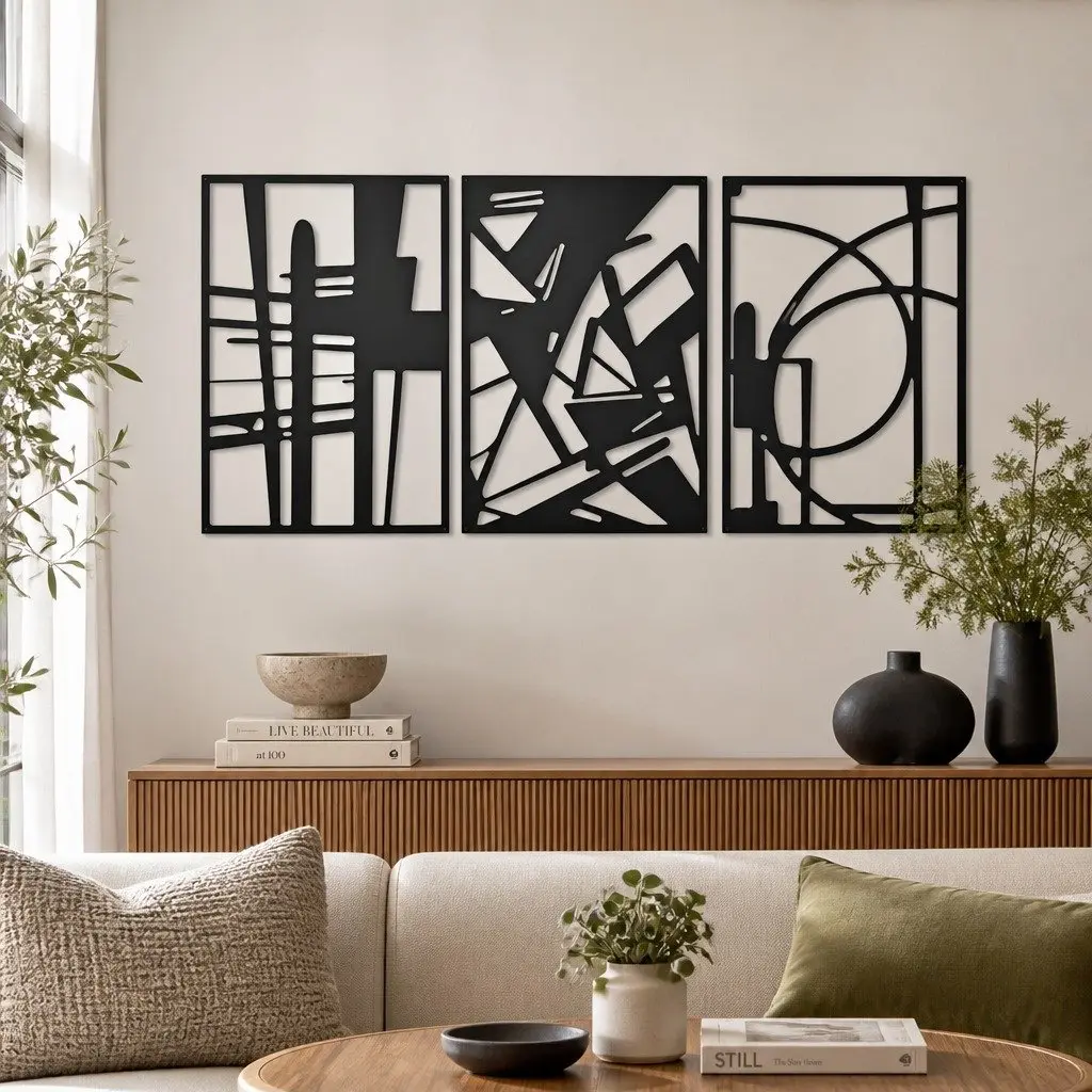 Metal Wall Art 4 Piece Set Abstract Minimalist Line Design Home Decor Black