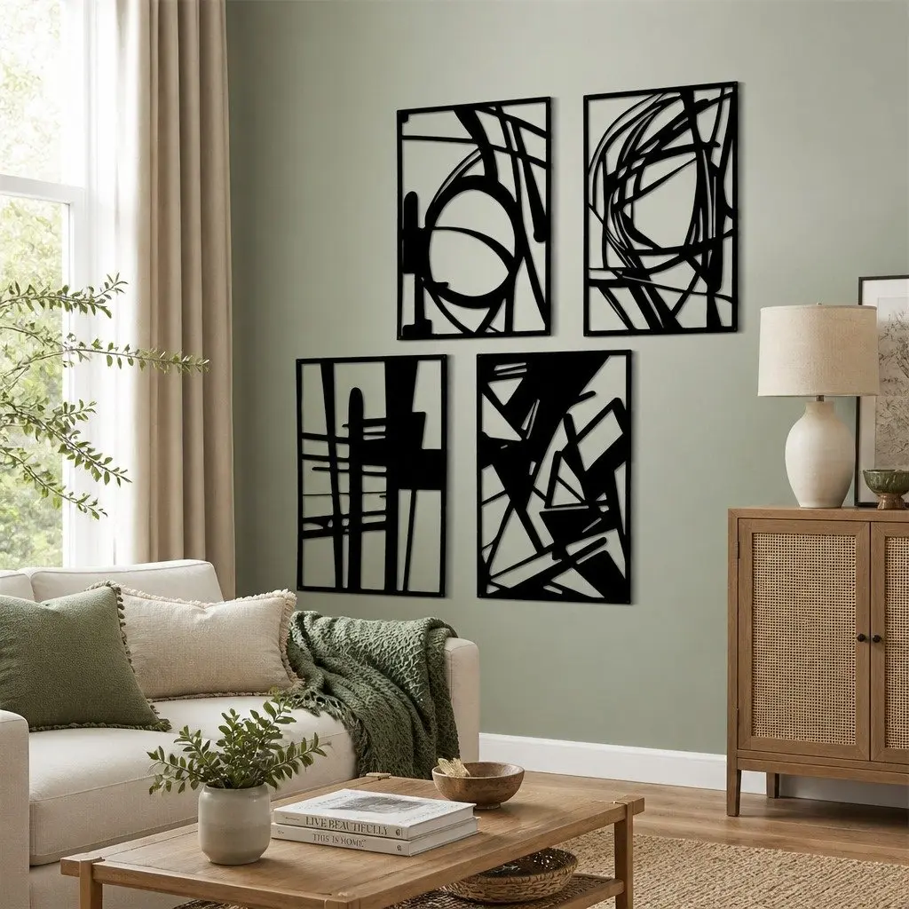 Metal Wall Art 4 Piece Set Abstract Minimalist Line Design Home Decor Black