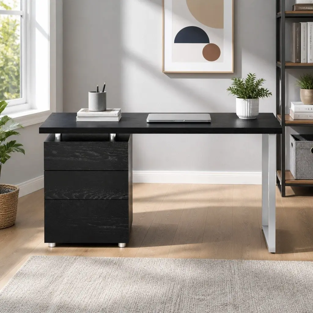 140cm Black Computer Desk with Storage Drawers