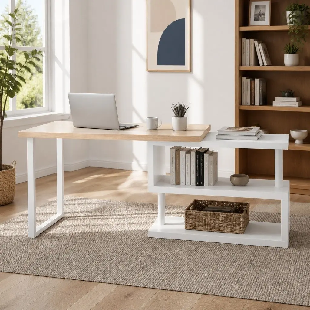 Computer Desk 360 Degree Rotatable Bookshelf 50cm W x 140cm D x 74.5cm H Oak and White