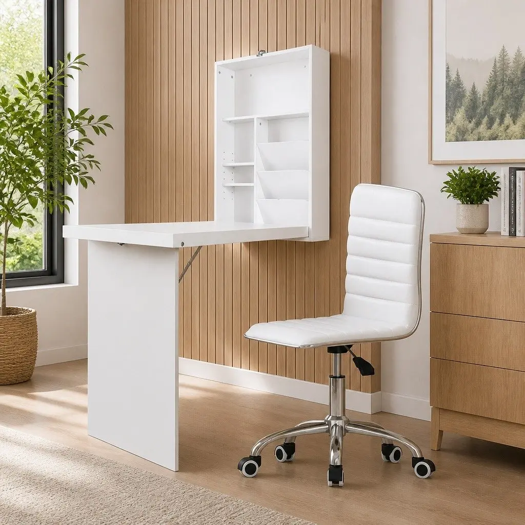 Office Chair and Foldable Desk Set in White