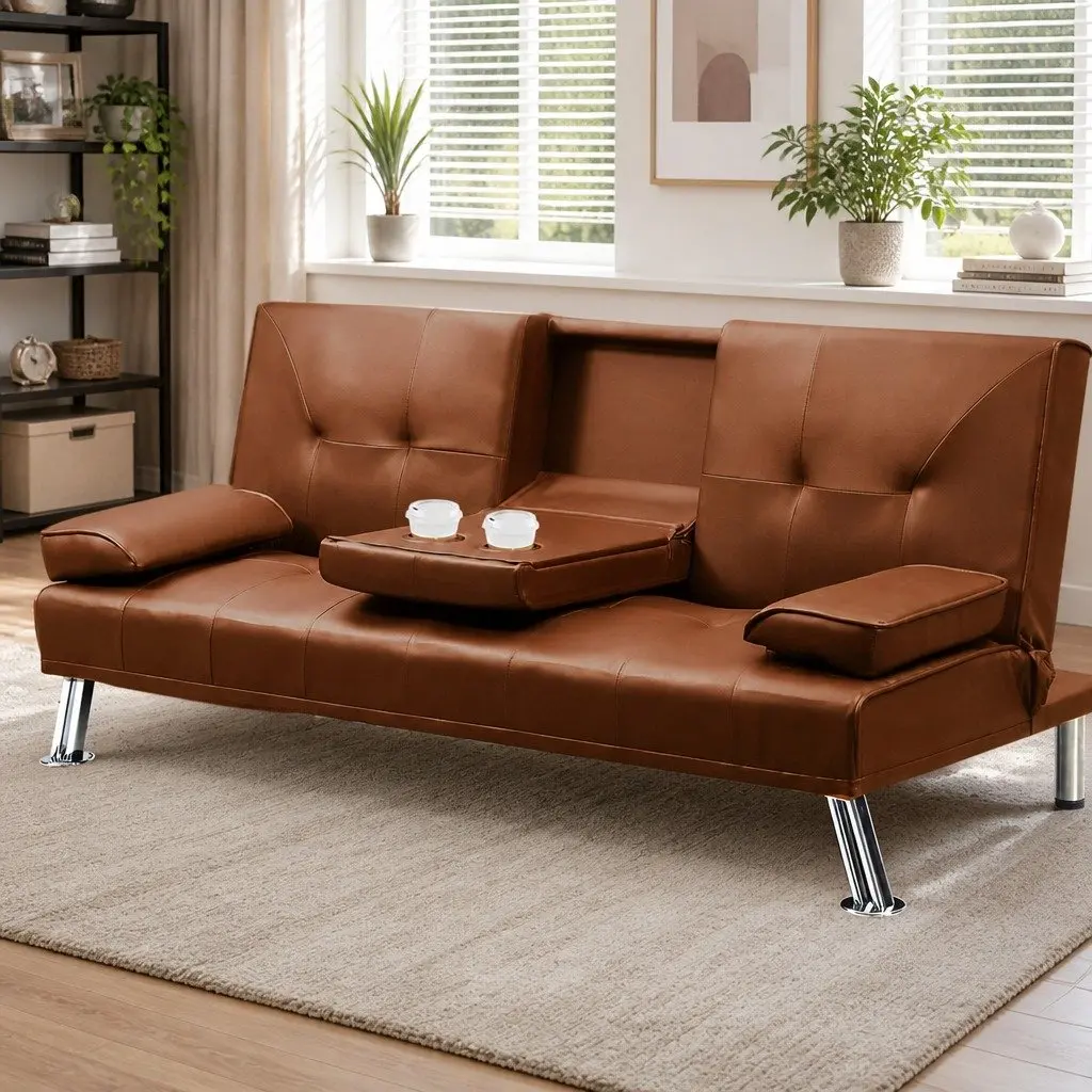 3-Seater Sofa Bed Adjustable Recliner Foldable Middle Panel Cup Holder Brown