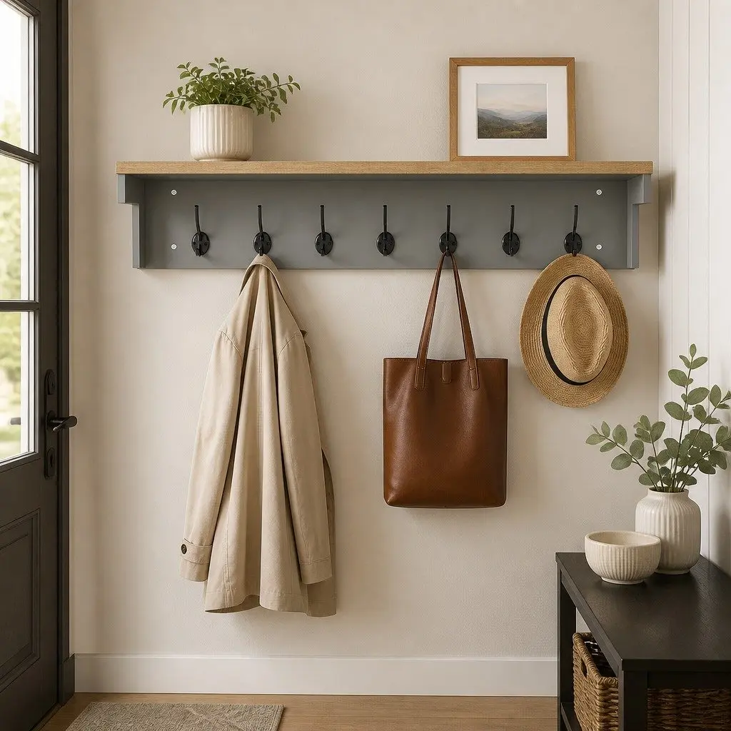 Wall Mounted Coat Rack Shelf Storage with 7 Double Hooks Grey Oak 80cm L x 18cm W x 17cm H