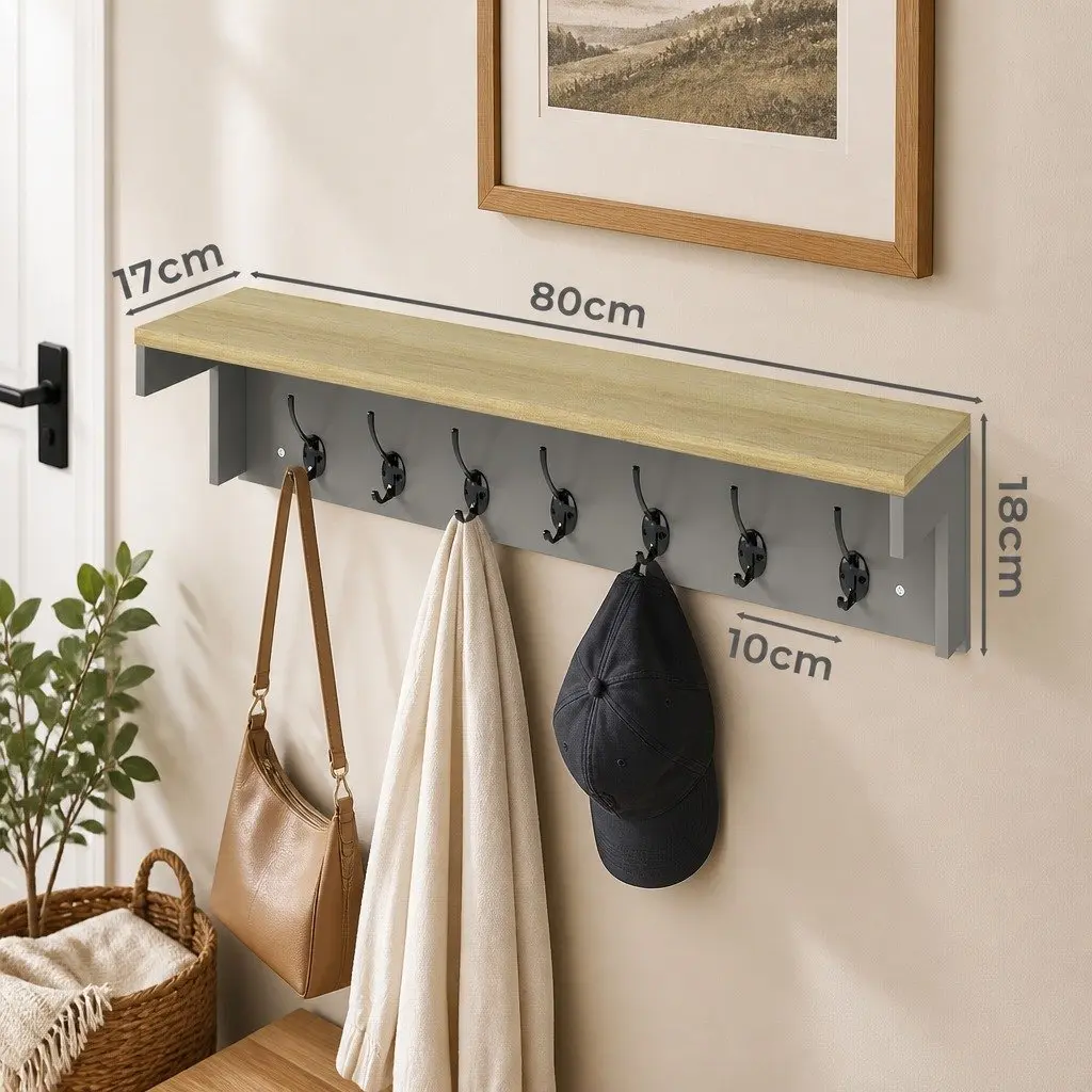 Wall Mounted Coat Rack Shelf Storage with 7 Double Hooks Grey Oak 80cm L x 18cm W x 17cm H