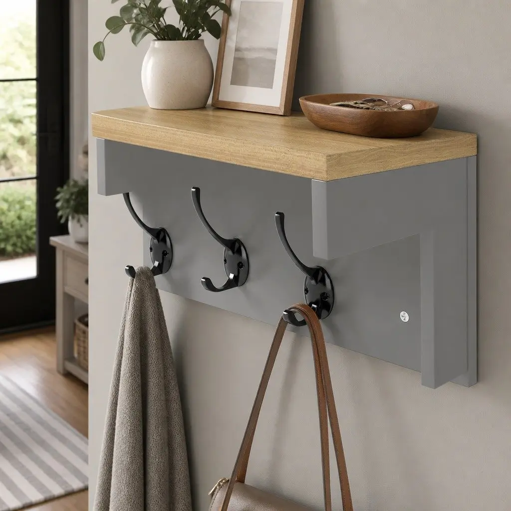 Wall Mounted Coat Rack Shelf Storage with 7 Double Hooks Grey Oak 80cm L x 18cm W x 17cm H