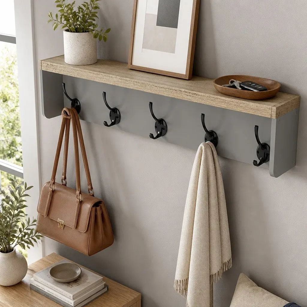 Wall Mounted Coat Rack Shelf Storage with 7 Double Hooks Grey Oak 80cm L x 18cm W x 17cm H