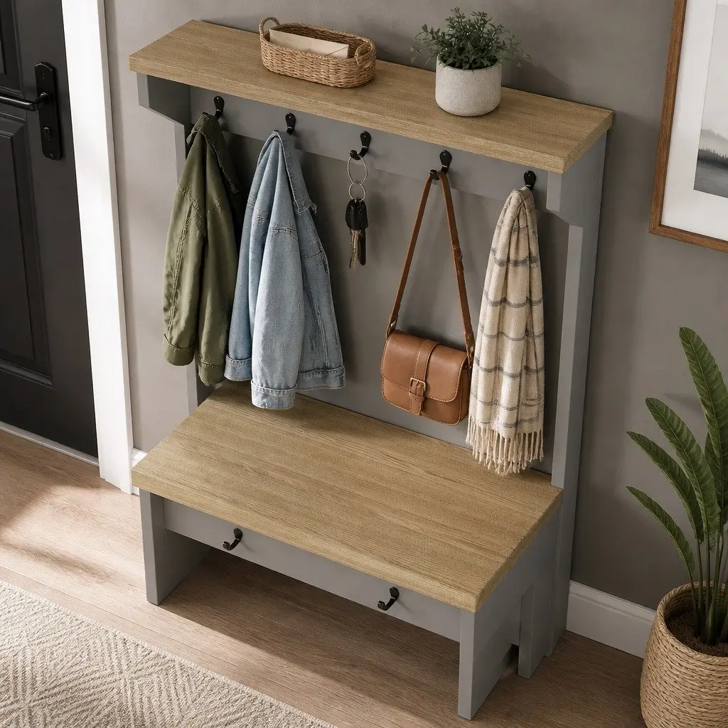 Wall Mounted Coat Rack Shelf Storage with 7 Double Hooks Grey Oak 80cm L x 18cm W x 17cm H