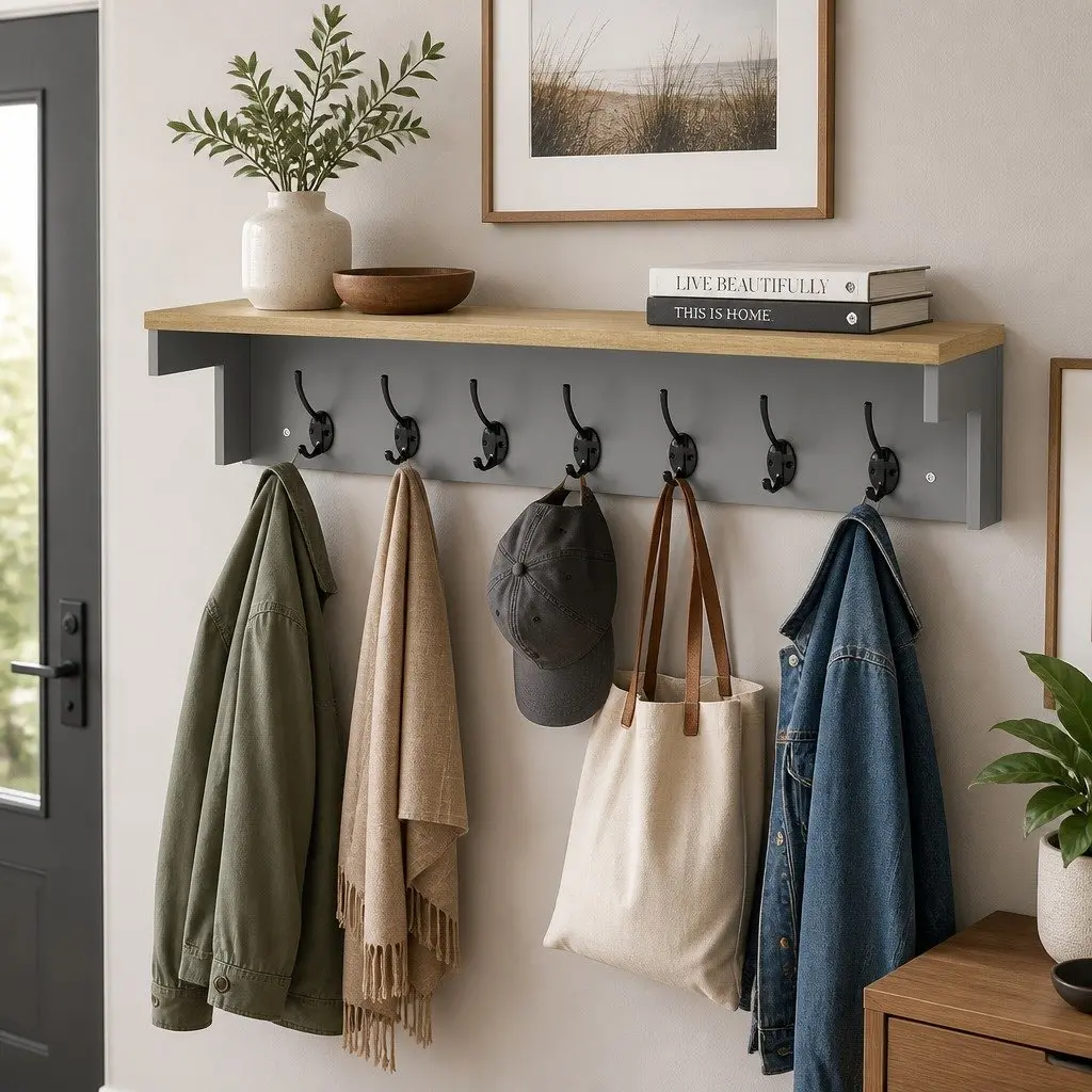 Wall Mounted Coat Rack Shelf Storage with 7 Double Hooks Grey Oak 80cm L x 18cm W x 17cm H