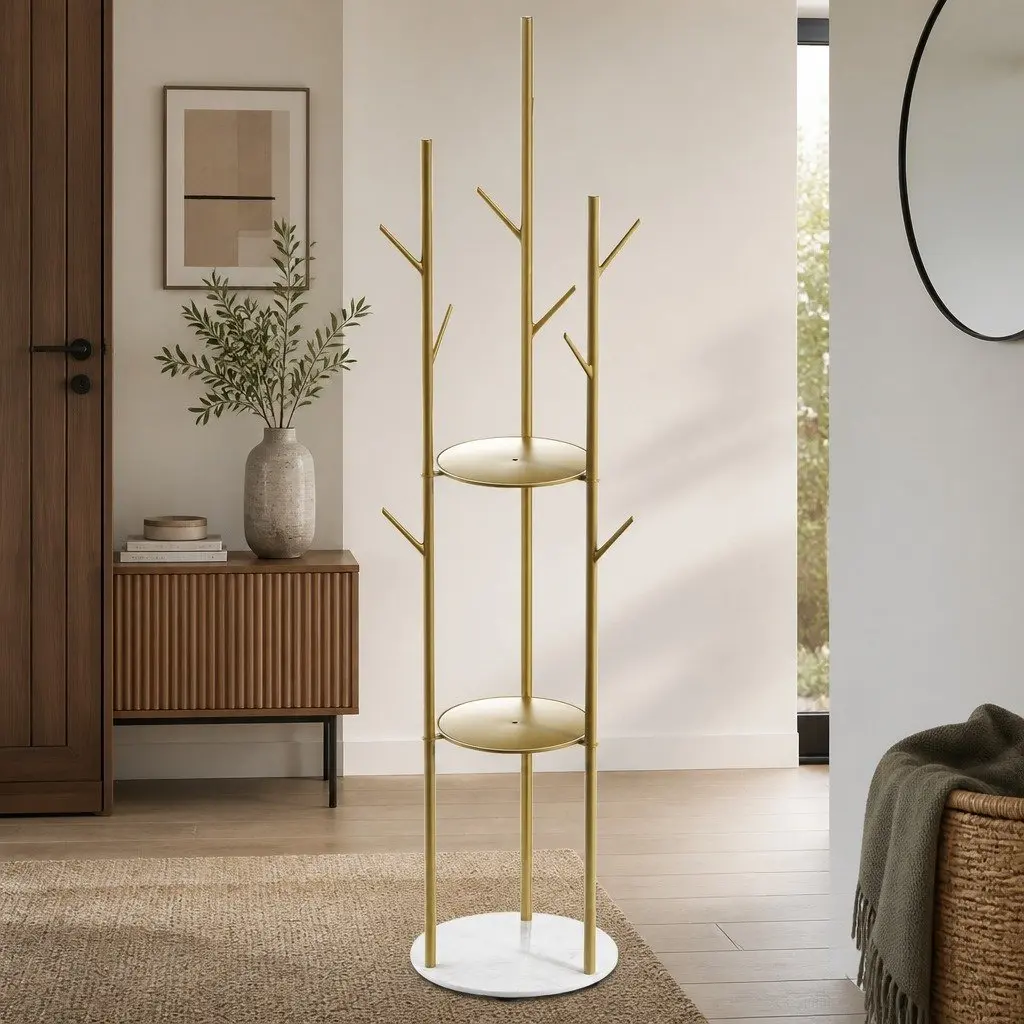 Coat Rack Clothes Stand Organizer 8 Hook Entryway Shelves Gold