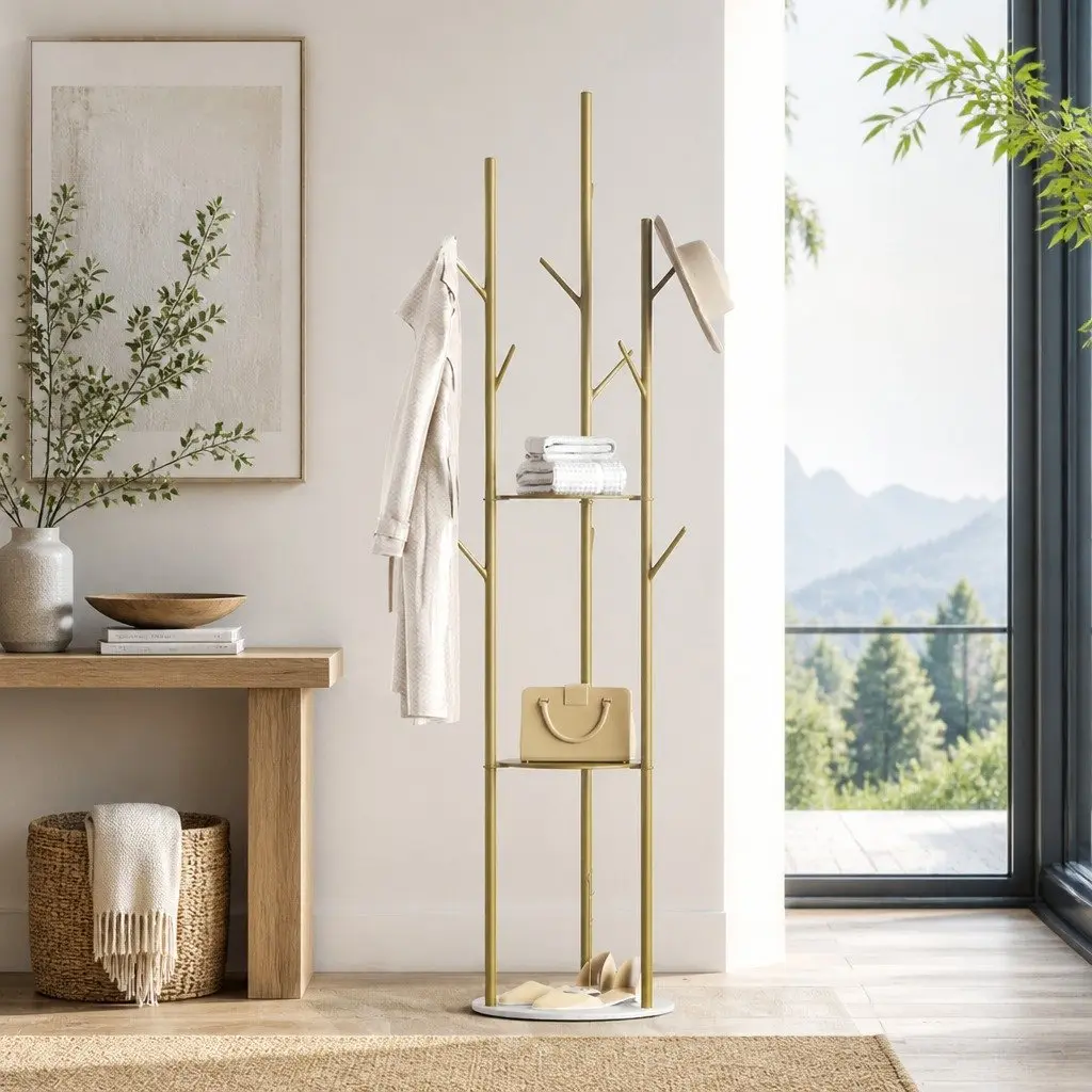 Coat Rack Clothes Stand Organizer 8 Hook Entryway Shelves Gold