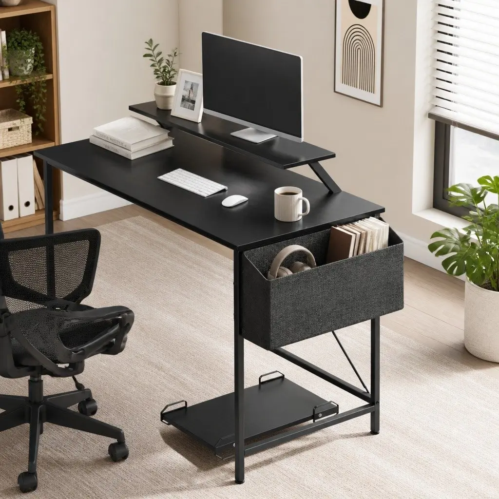 L-Shaped Corner Computer Desk Workstation with Monitor Stand CPU Stand Black