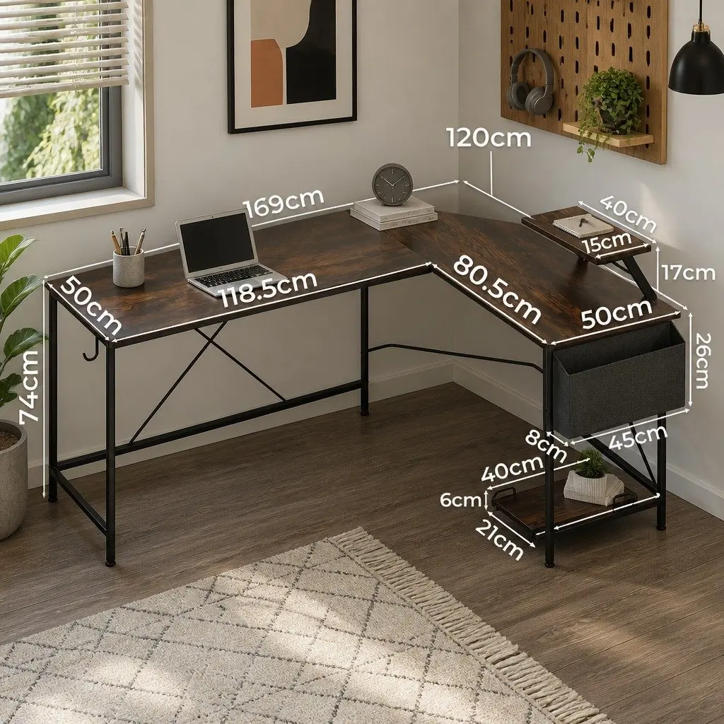 L-Shaped Corner Computer Desk with Monitor Stand CPU Storage Brown 169cm x 120cm x 74cm