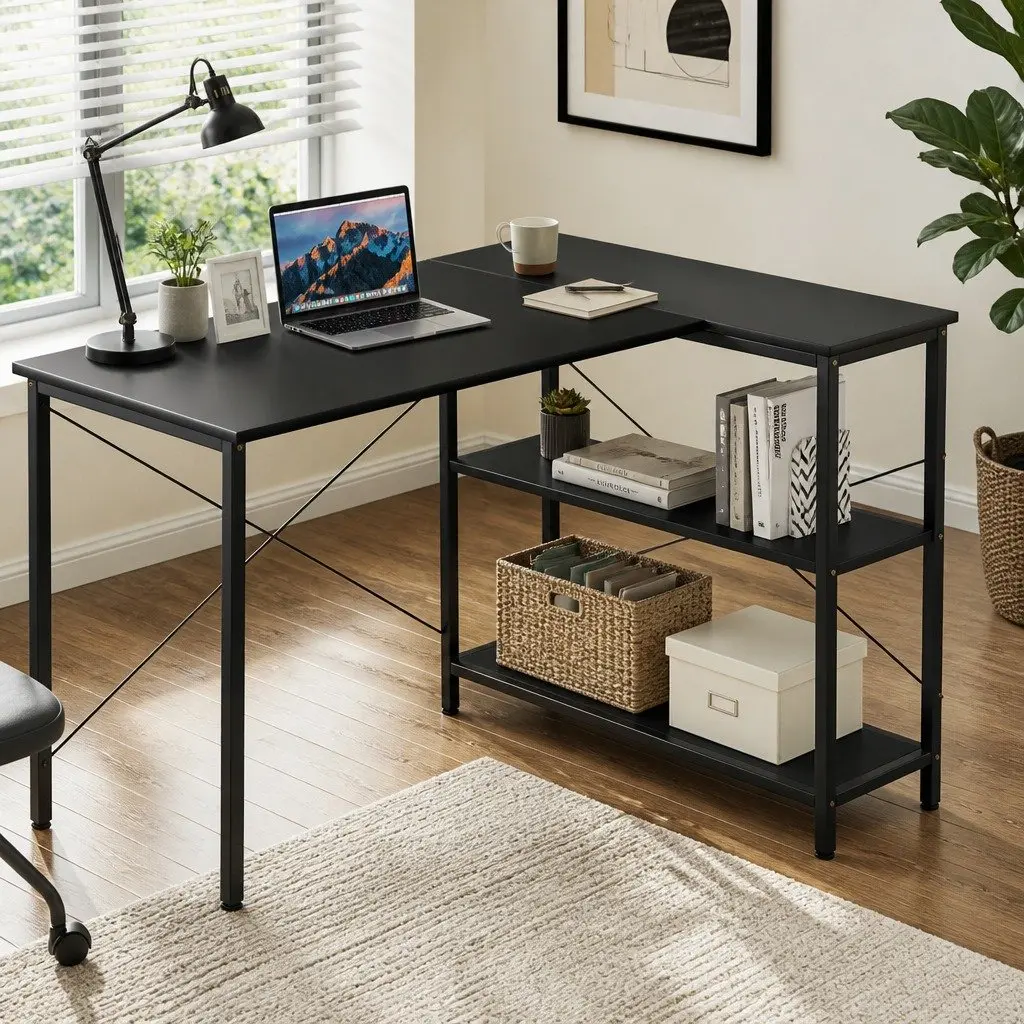 L Shaped Computer Desk Adjustable Height Home Office Study Table Storage Shelf