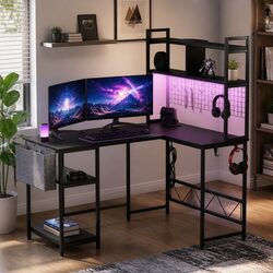 L Shaped Gaming Desk with RGB LED Lights Storage Black Workstation Computer