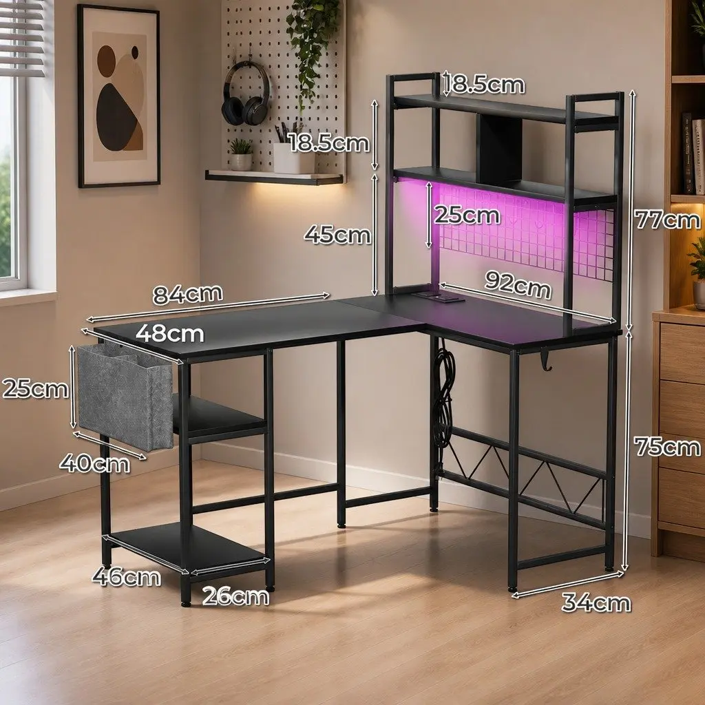 L Shaped Gaming Desk RGB LED Lights Black Workstation Computer 124cm W x 92cm D x 152cm H