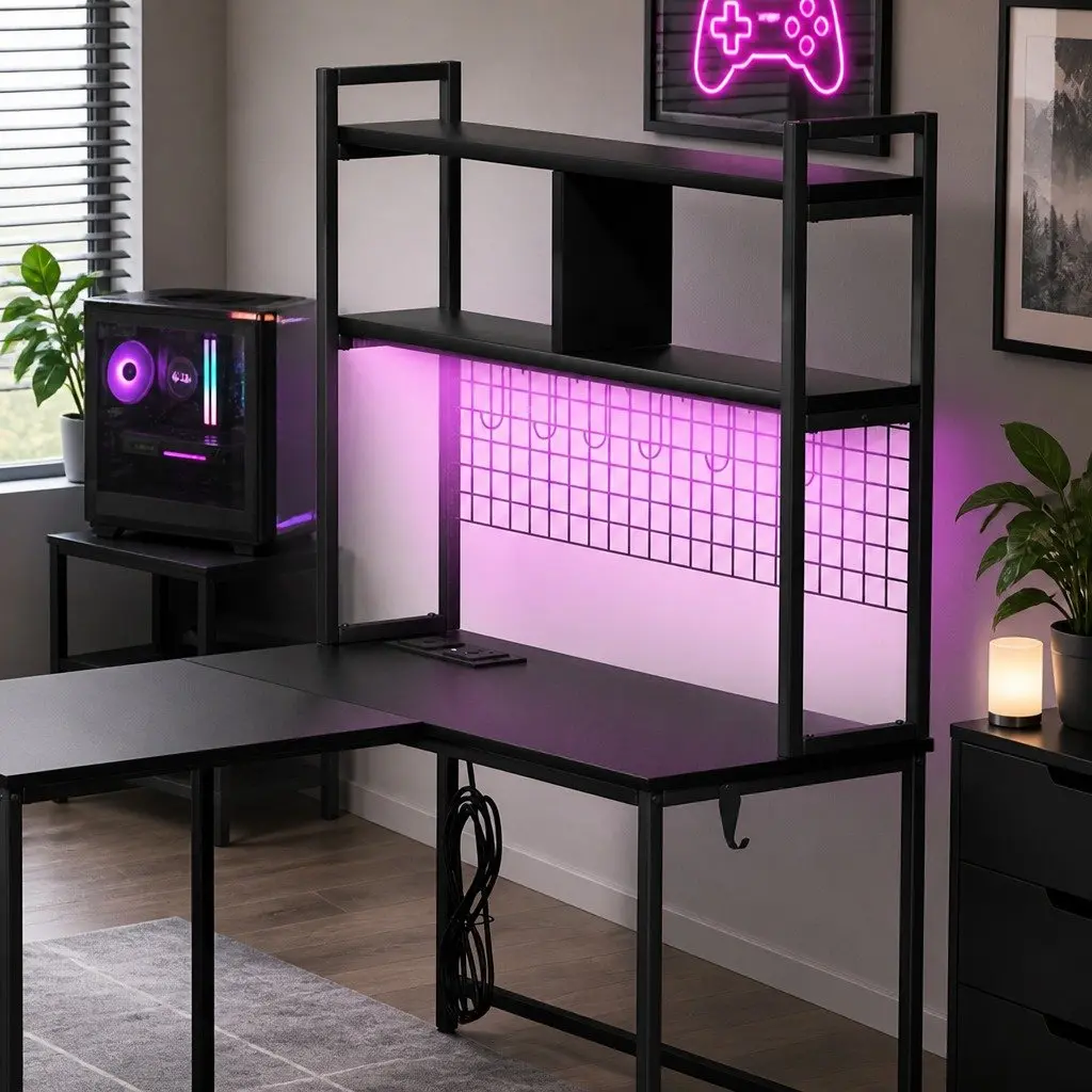 L Shaped Gaming Desk RGB LED Lights Black Workstation Computer 124cm W x 92cm D x 152cm H