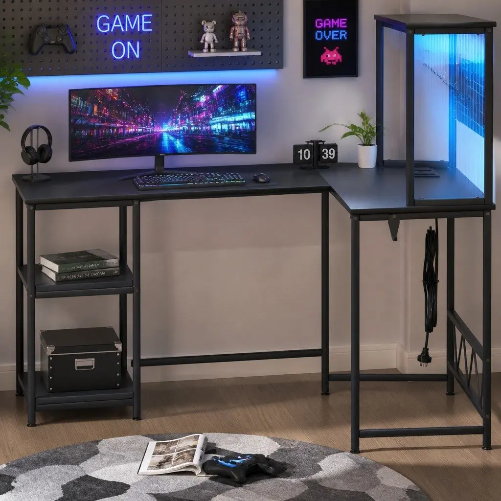 L Shaped Gaming Desk RGB LED Lights Black Workstation Computer 124cm W x 92cm D x 152cm H