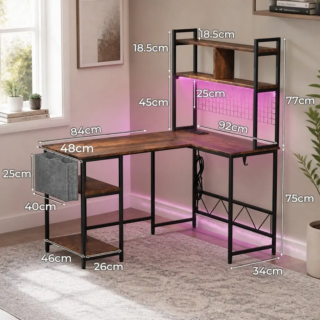 L Shaped Gaming Desk RGB LED Lights Industrial Style Computer Workstation Brown