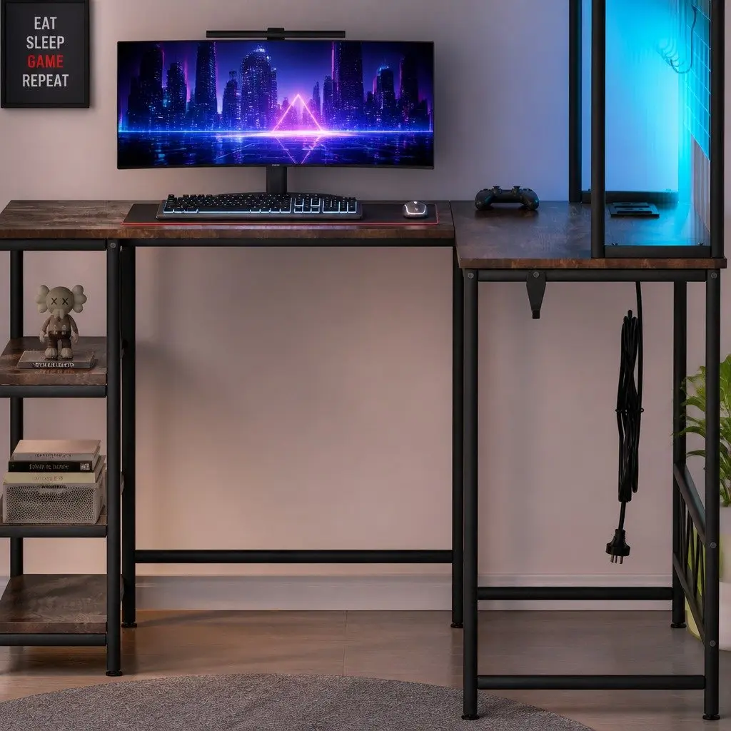 L Shaped Gaming Desk RGB LED Lights Industrial Style Computer Workstation Brown