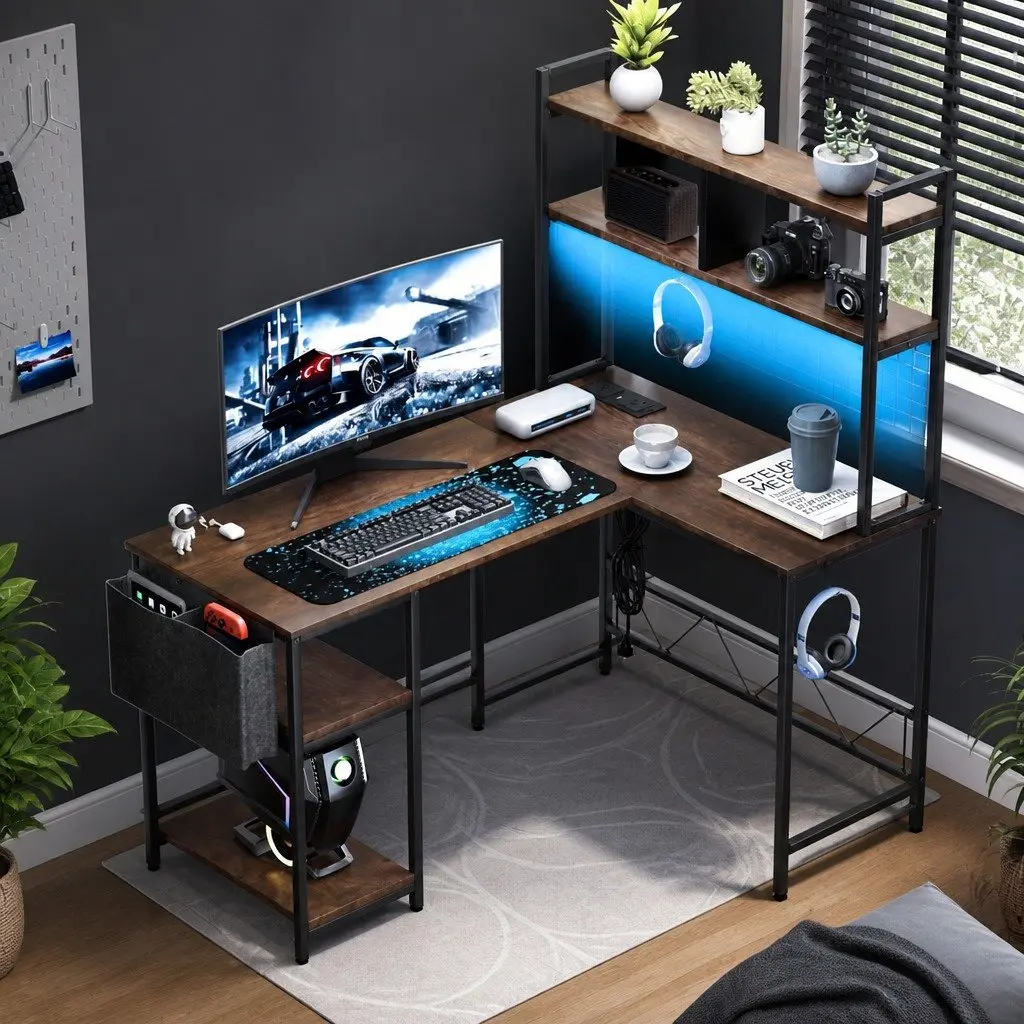 L Shaped Gaming Desk RGB LED Lights Industrial Style Computer Workstation Brown