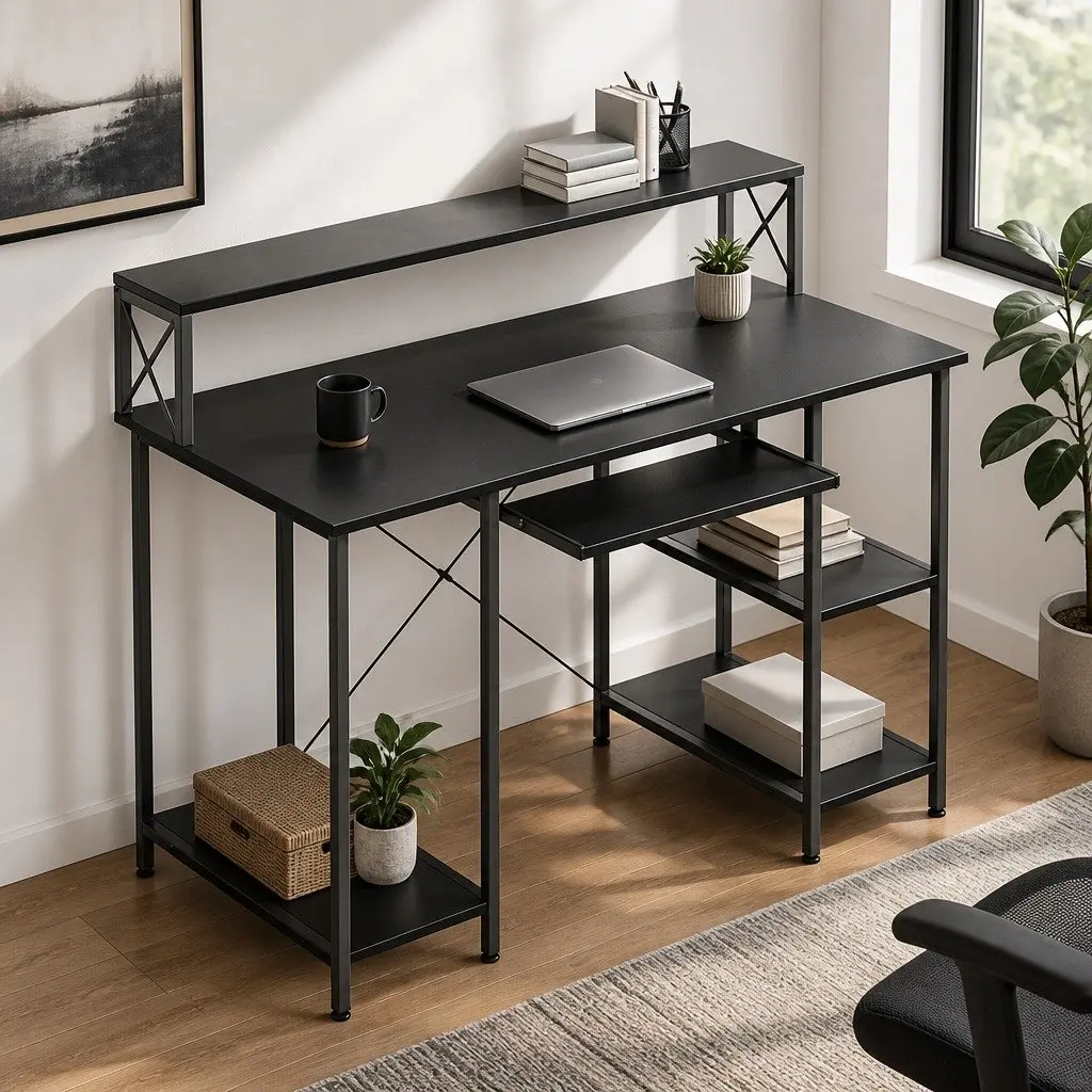 Black Office Desk with Stability and Storage