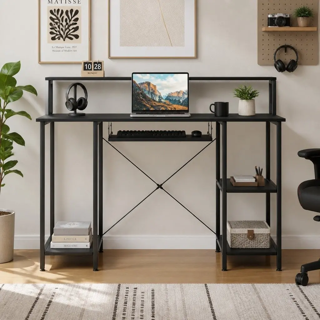 Black Office Desk with Stability and Storage