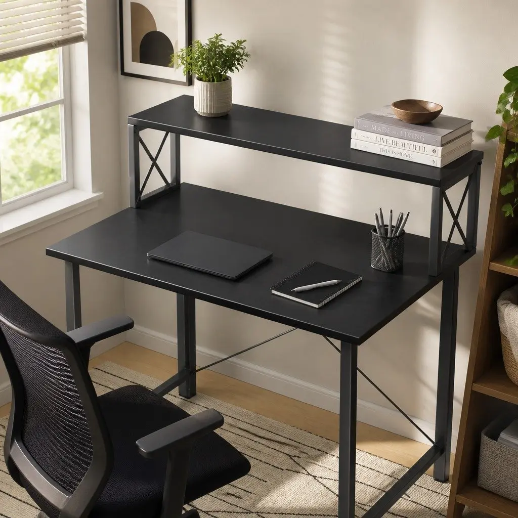 Black Office Desk with Stability and Storage