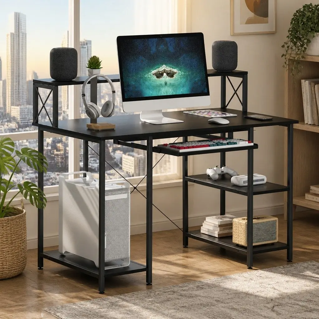 Black Office Desk with Stability and Storage