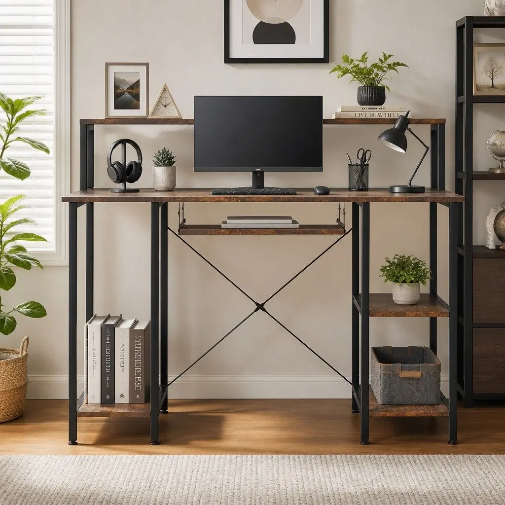 Computer Desk Gaming Office Workstation Industrial Height Adjustable Brown