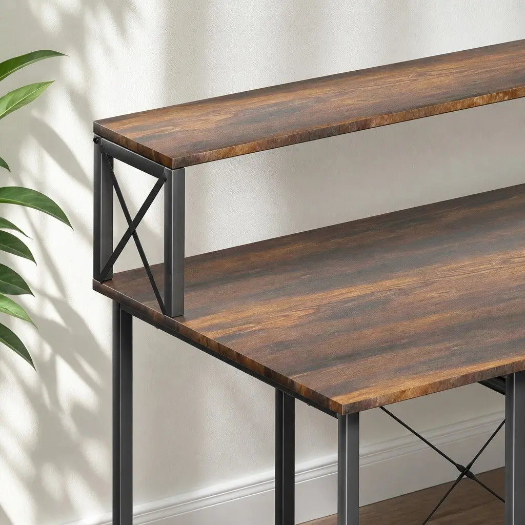 Computer Desk Gaming Office Workstation Industrial Height Adjustable Brown
