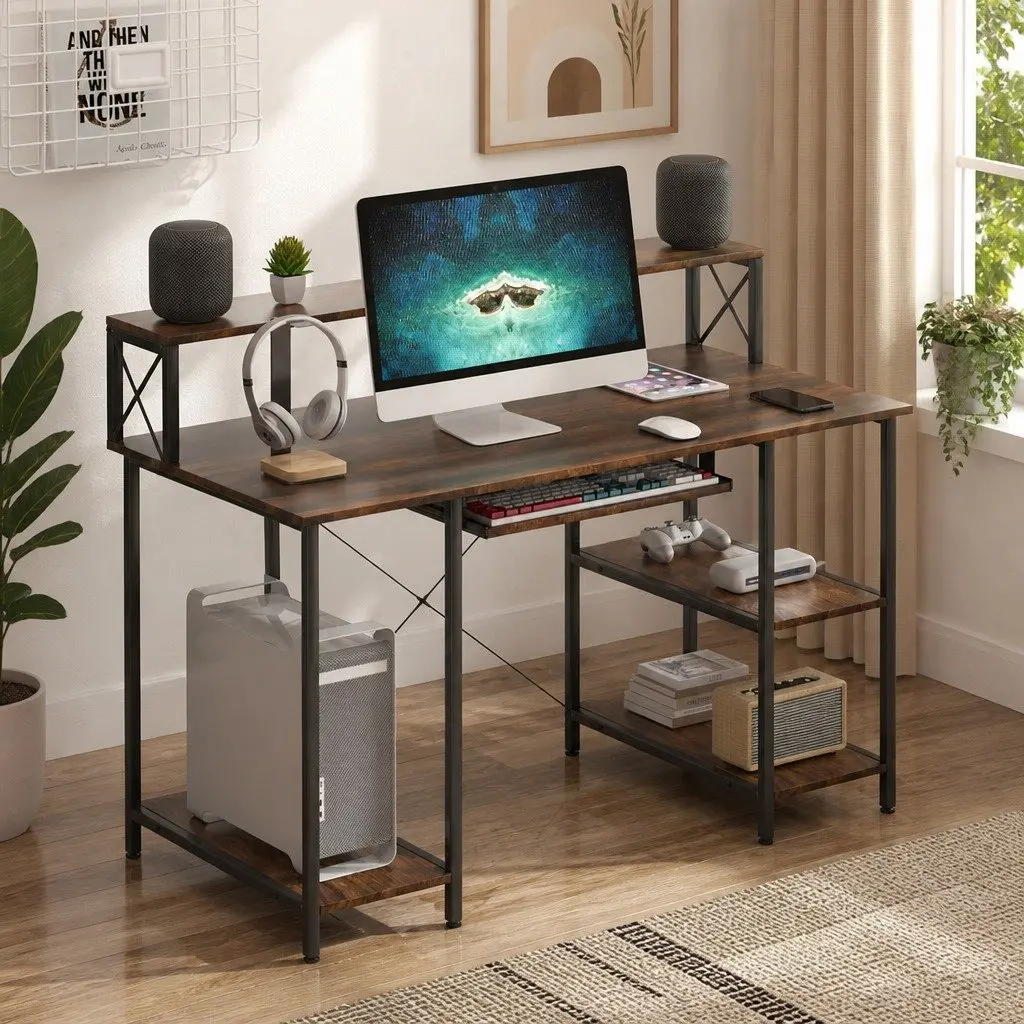 Computer Desk Gaming Office Workstation Industrial Height Adjustable Brown