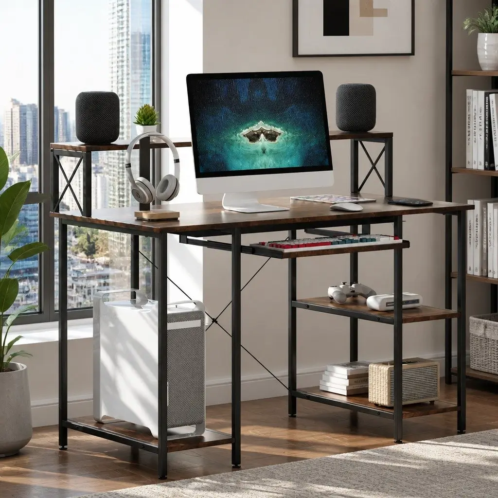 Computer Desk Gaming Office Workstation Industrial Height Adjustable Brown