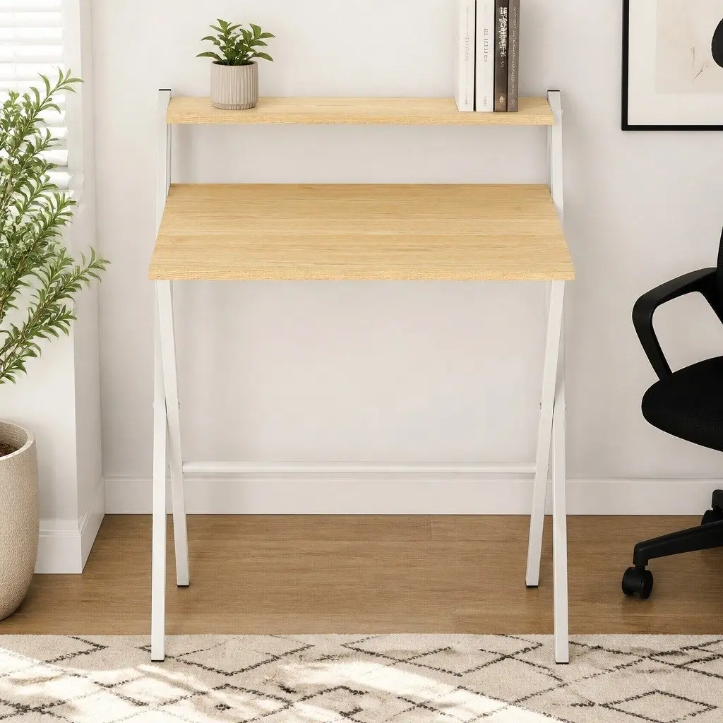 Foldable Computer Desk Study Desk with Monitor Shelf 67.5x45x84cm Oak White