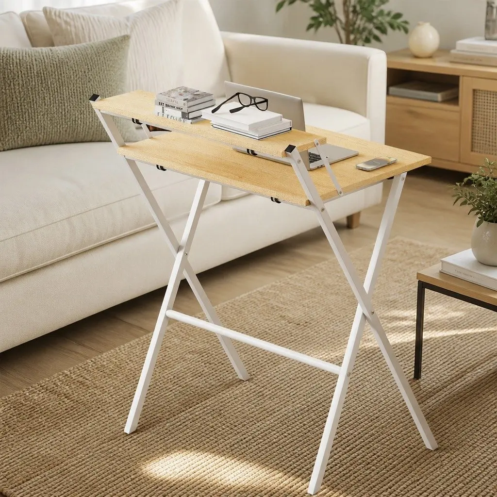 Foldable Computer Desk Study Desk with Monitor Shelf 67.5x45x84cm Oak White