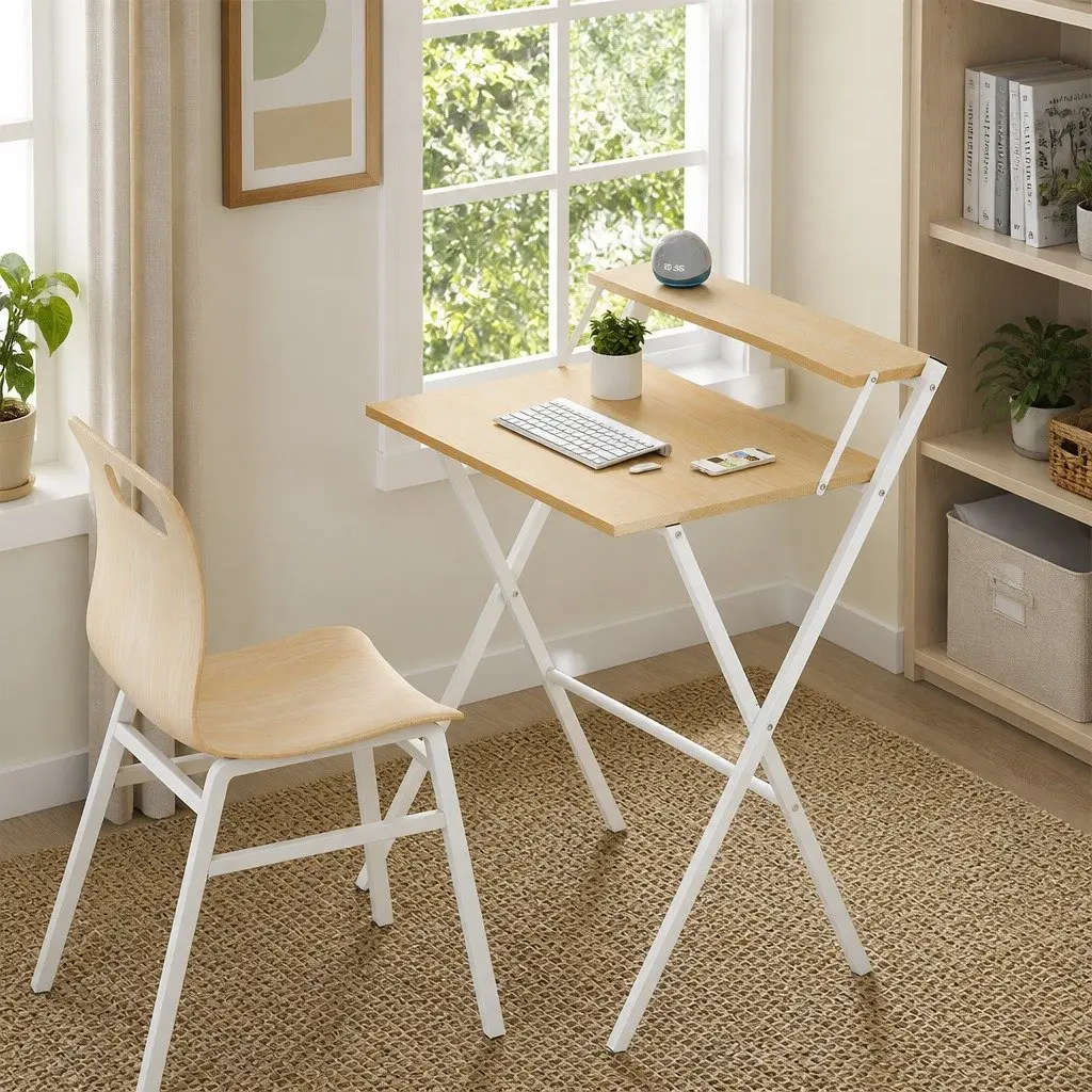 Foldable Computer Desk Study Desk with Monitor Shelf 67.5x45x84cm Oak White