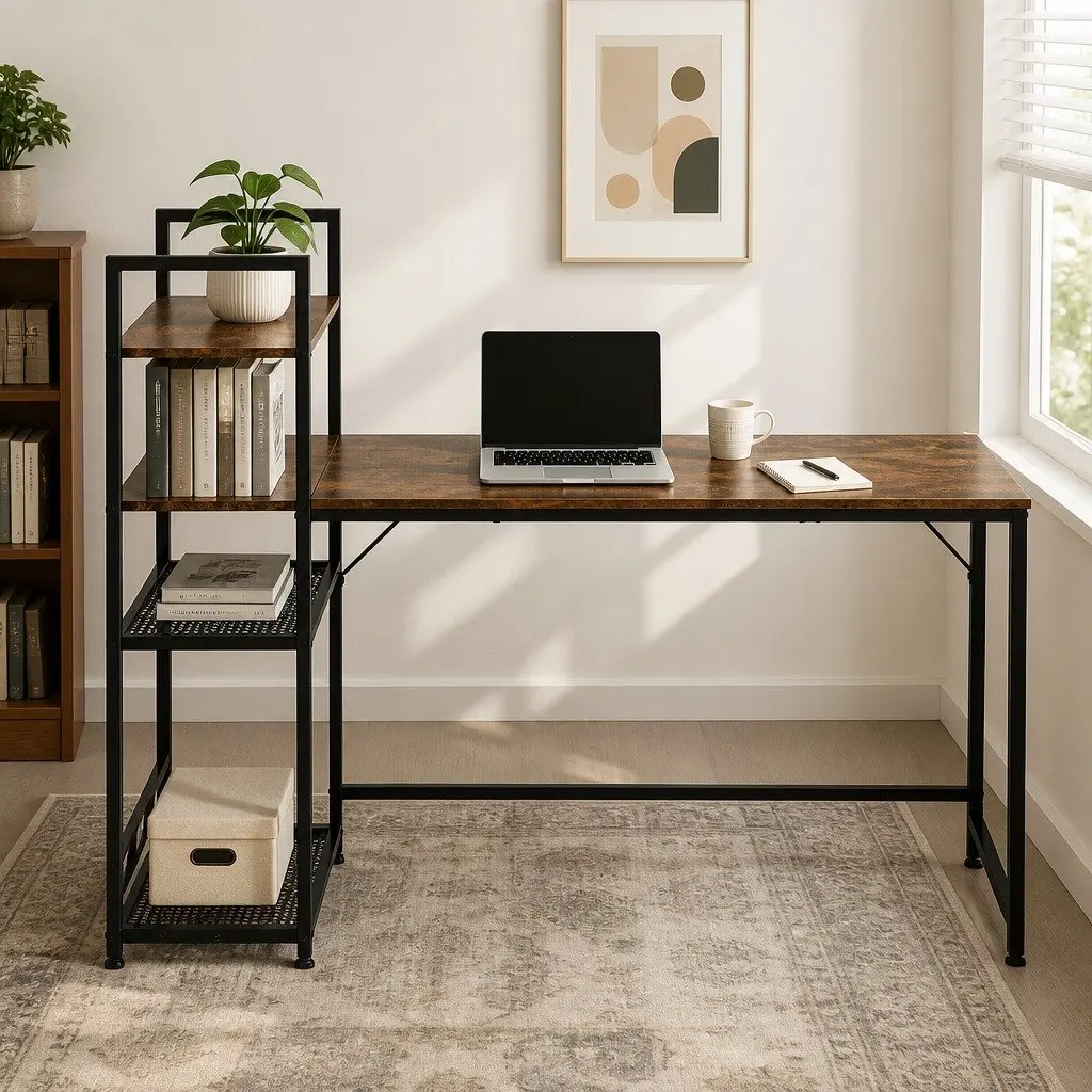 Computer Desk Study Table 4-Tier Storage Shelves Home Office Workstation 160cm