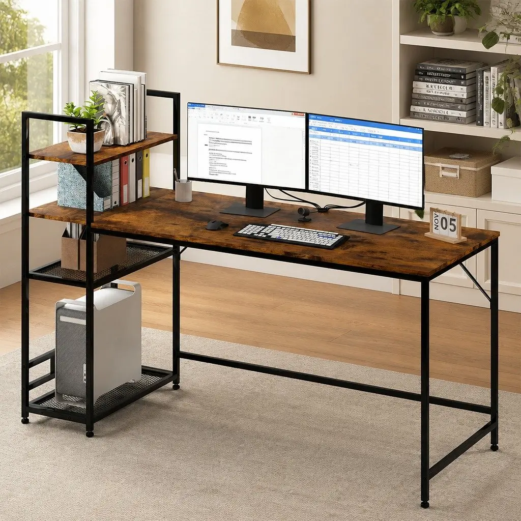 Computer Desk Study Table 4-Tier Storage Shelves Home Office Workstation 160cm