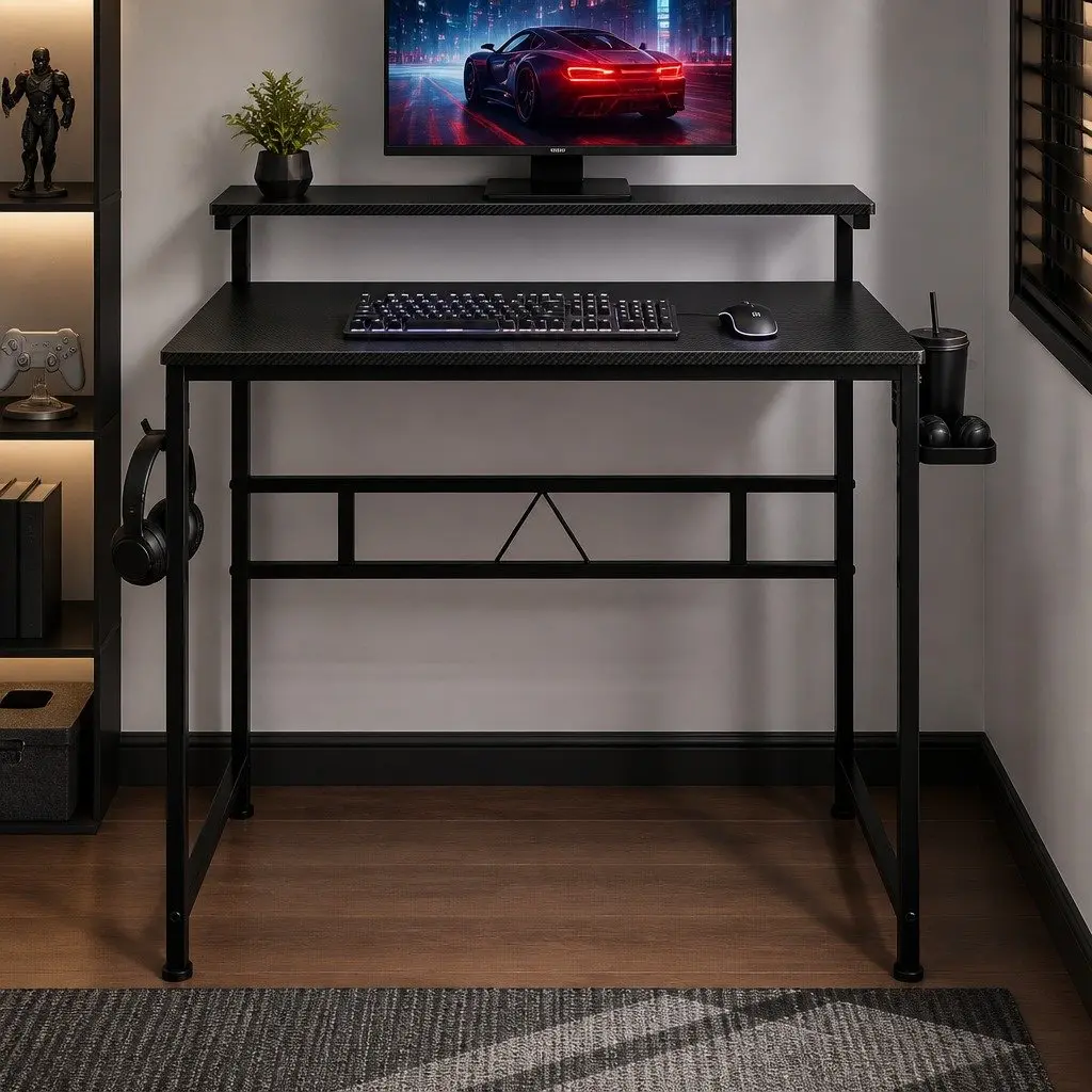 Gaming Computer Desk Adjustable Height 5-Level Monitor Stand Storage Shelf Headphone Hook 80cm x 50cm x 84.5cm-120cm Black